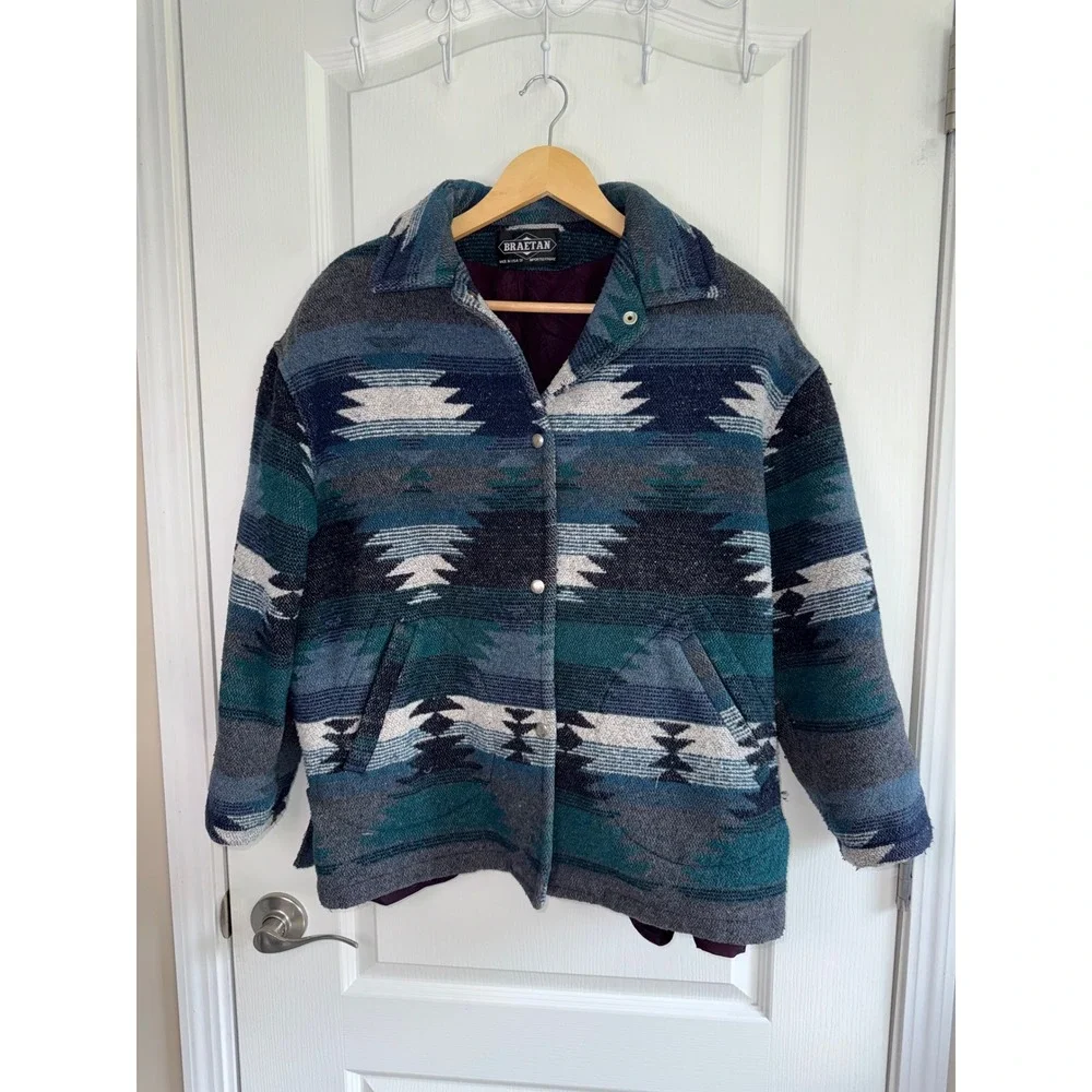 Vintage Braetan Southwestern Blanket Jacket Made USA Aztec Teal Blue WesternCoat
